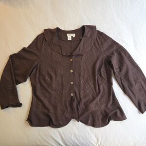 Coldwater Creek Walnut Brown Embroidered Peplum Button Up Blouse